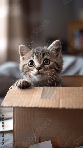 A detailed shot of a Scottish Fold kitten sitting in a small cardboard box, its round eyes wide with curiosity, surrounded by scattered paper and a soft light.