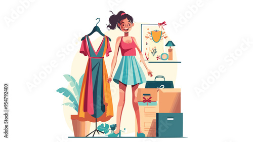 Excited Woman Receiving Dress Delivery from Online Shop, Enjoying Quick and Pleasant E-Commerce Shopping Experience