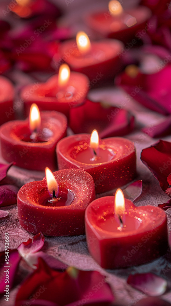 A romantic arrangement of red heart-shaped candles lit and placed in a circle on a soft pink velvet surface, with rose petals scattered around. A romantic arrangement of red heart-shaped candles lit and placed in a circle on a soft pink velvet surface, with rose petals scattered around.