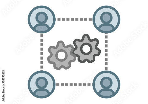 Representación de trabajo en grupo con avatar de usuario y engranajes