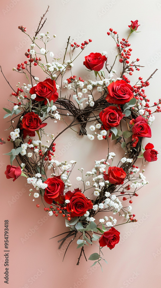 A top-down view of a heart-shaped wreath made of intertwined twigs and adorned with red roses and small white flowers, hanging against a soft pastel background. A top-down view of a heart-shaped wreath made of intertwined twigs and adorned with red roses and small white flowers, hanging against a soft pastel background.