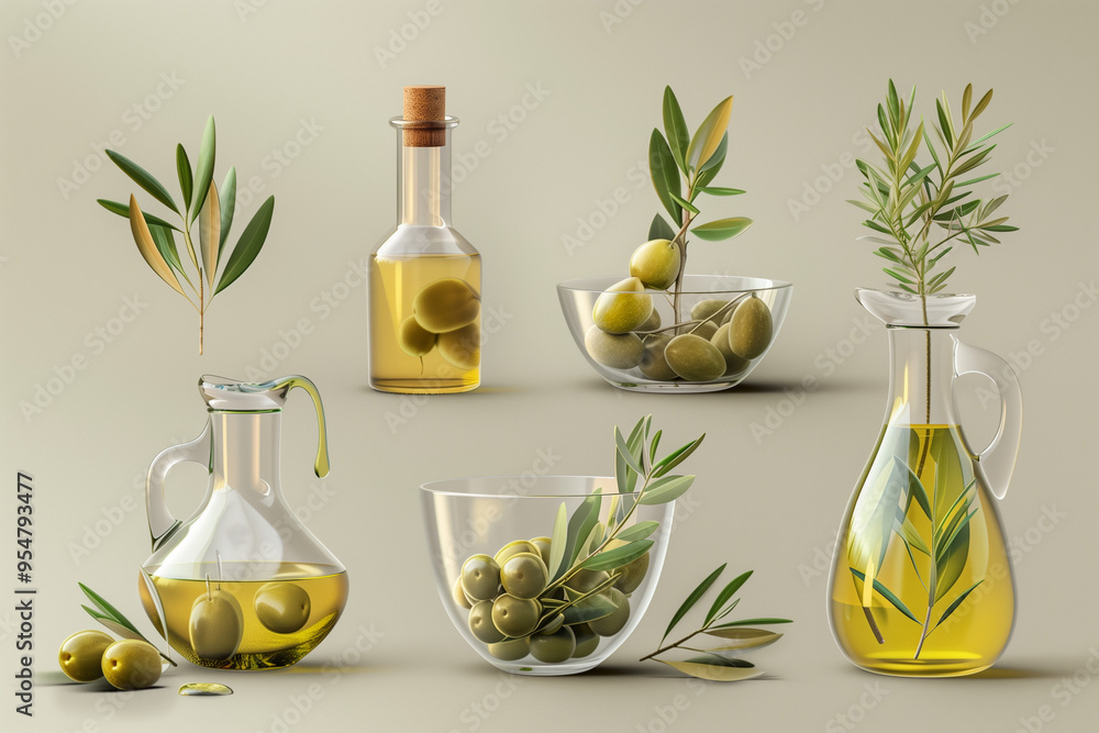 Set of olive oil glass jug, oil drops, olive fruit and branch in oil bowl and olive tree.
Set of olive oil glass jug, oil drops, olive fruit and branch in oil bowl and olive tree.