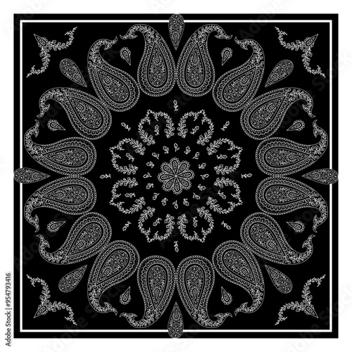 Monochrome black and white or bandana design with paisley mandala pattern and floral elements. Ethnic carpet design.