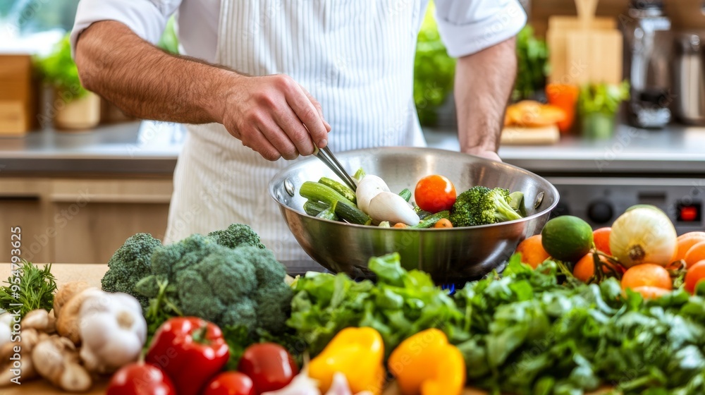 A professional chef preparing a gourmet meal in a professional kitchen with a high-quality induction frying pan. A professional chef preparing a gourmet meal in a professional kitchen with a high-quality induction frying pan.