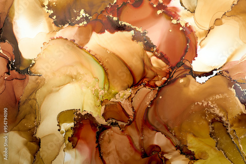Natural  luxury abstract fluid art painting in alcohol ink technique. Tender and dreamy  wallpaper. Mixture of colors creating transparent waves and golden swirls. For posters, other printed materials
