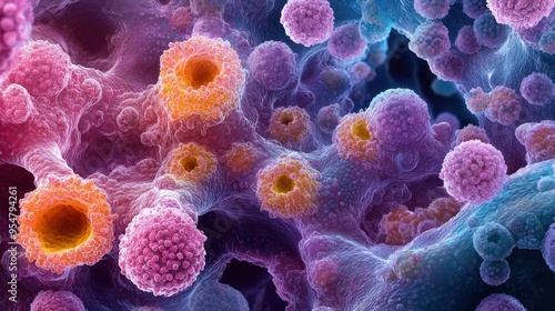 Close-Up View of Breast Cancer Cells - Healthy and Mutated Cells with Vivid Contrasts