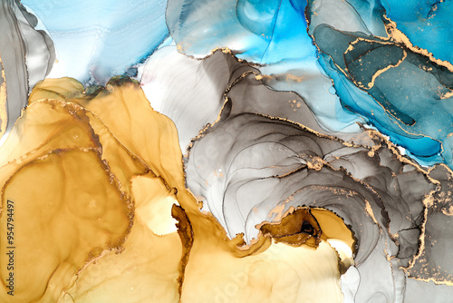 Natural  luxury abstract fluid art painting in alcohol ink technique. Tender and dreamy  wallpaper. Mixture of colors creating transparent waves and golden swirls. For posters, other printed materials