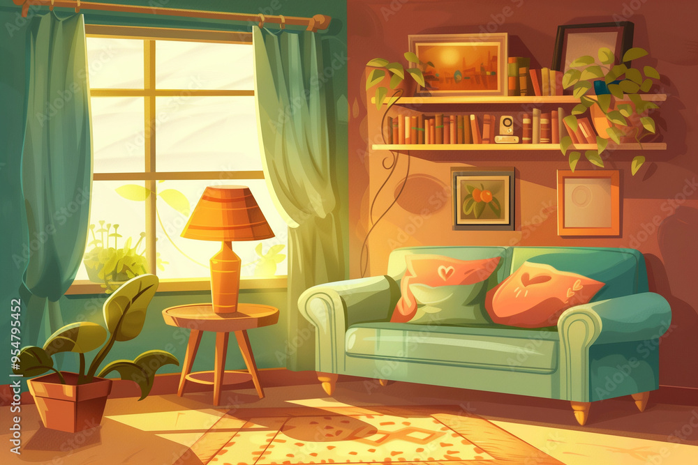 Vector cartoon living room interior background template. Cozy house apartment concept. Illustration with sofa pillow, bedside table with lamp, bookshelf, carpet plant in pot at window pictures at wall