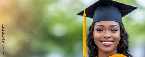 A black woman honouring her academic accomplishments with a graduation gown and cap. photo