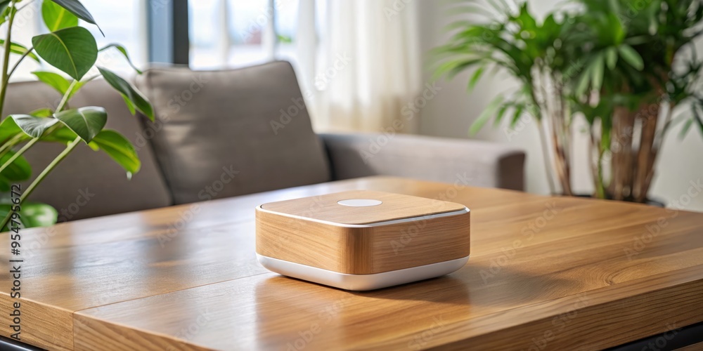 a photo image of a sleek, compact wireless home automation device sitting on a minimalist table with a subtle wooden finish a photo image of a sleek, compact wireless home automation device sitting on a minimalist table with a subtle wooden finish