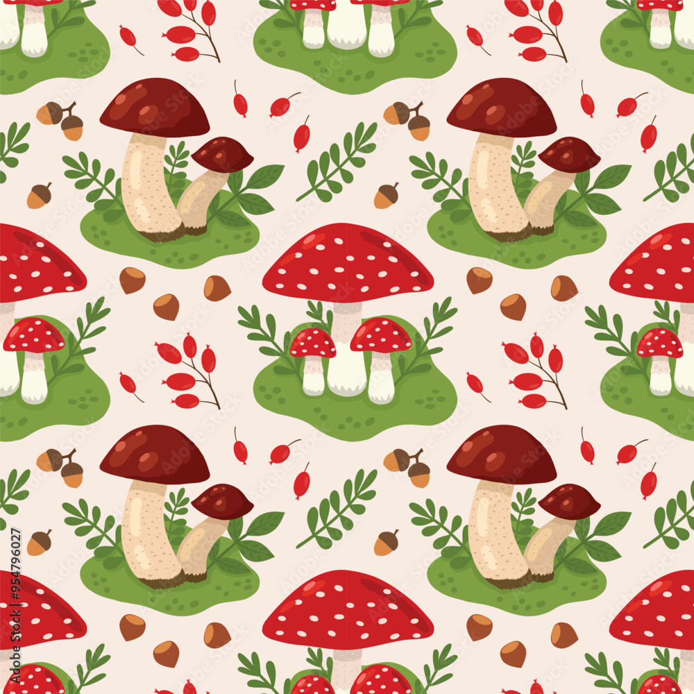 Seamless vector autumn pattern with mushrooms, fly agarics, nuts and autumn foliage. Vector background with flowers, leaves, berries for autumn, autumn design. Flat illustration Seamless vector autumn pattern with mushrooms, fly agarics, nuts and autumn foliage. Vector background with flowers, leaves, berries for autumn, autumn design. Flat illustration
