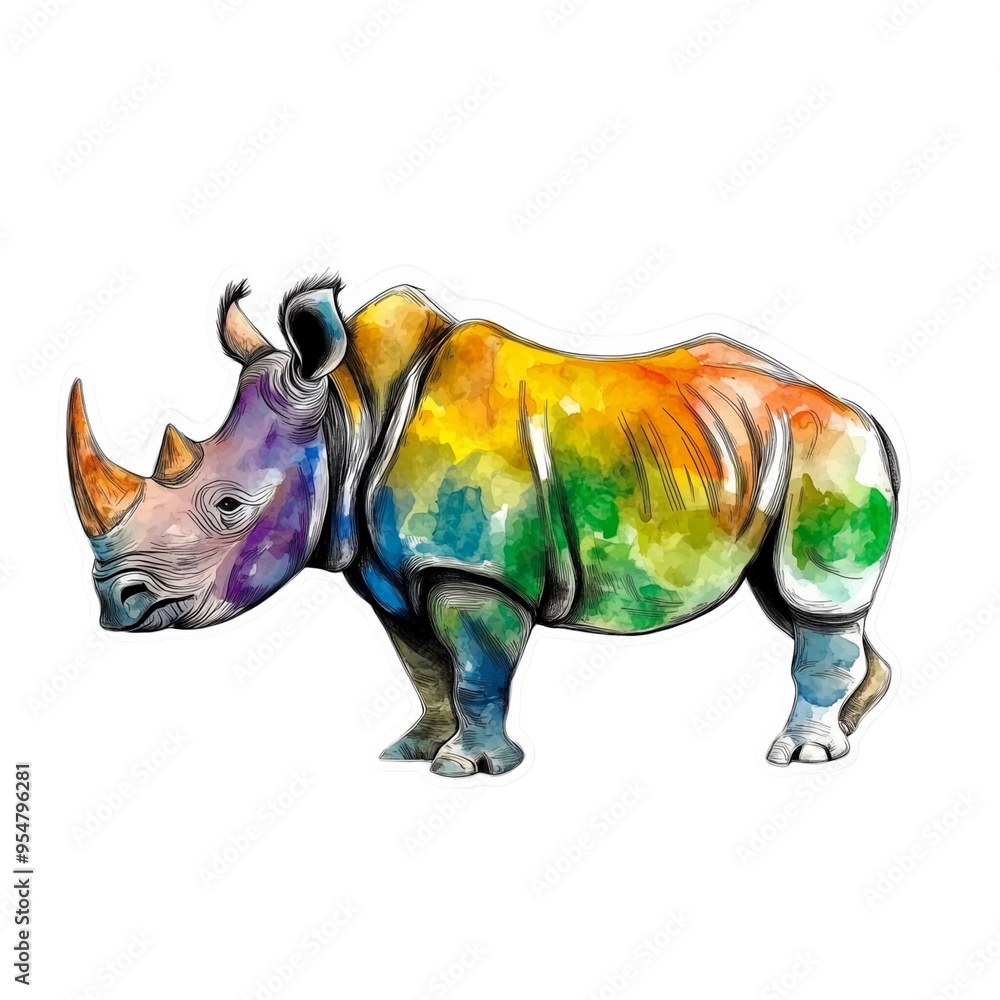 Fototapeta premium rhino cartoon Watercolor style sticker