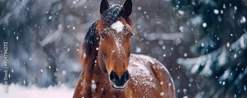 Stunning horse portrait against snowy backdrop, 4K hyperrealistic photo