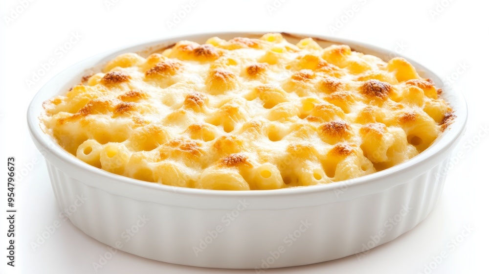 Using a white baking dish, we show a close-up of a cheesy mac and cheese casserole with a golden crunchy topping. Using a white baking dish, we show a close-up of a cheesy mac and cheese casserole with a golden crunchy topping.