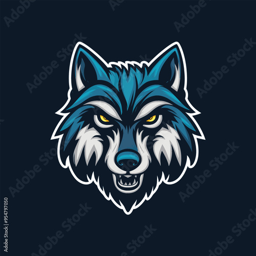 wolf roar design logo illustration on blue background