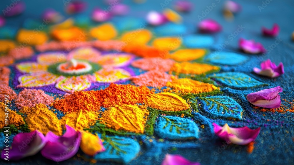 Fototapeta premium Intricate Rangoli Design with Vibrant Colored Powders and Flower Petals