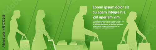 Shopping people paper cut style silhouettes. Green background featuring figures carrying bags and pushing a cart. Modern design for website banner. Paper cut style