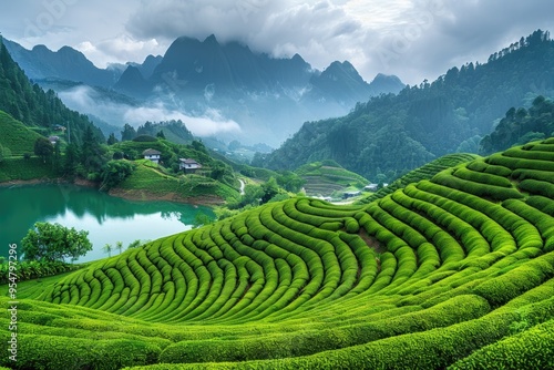Lush Tea Plantations in Scenic Mountain Landscape with Lake and Mist