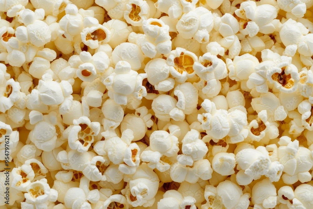 A detailed image featuring fluffy, freshly popped popcorn kernels A detailed image featuring fluffy, freshly popped popcorn kernels