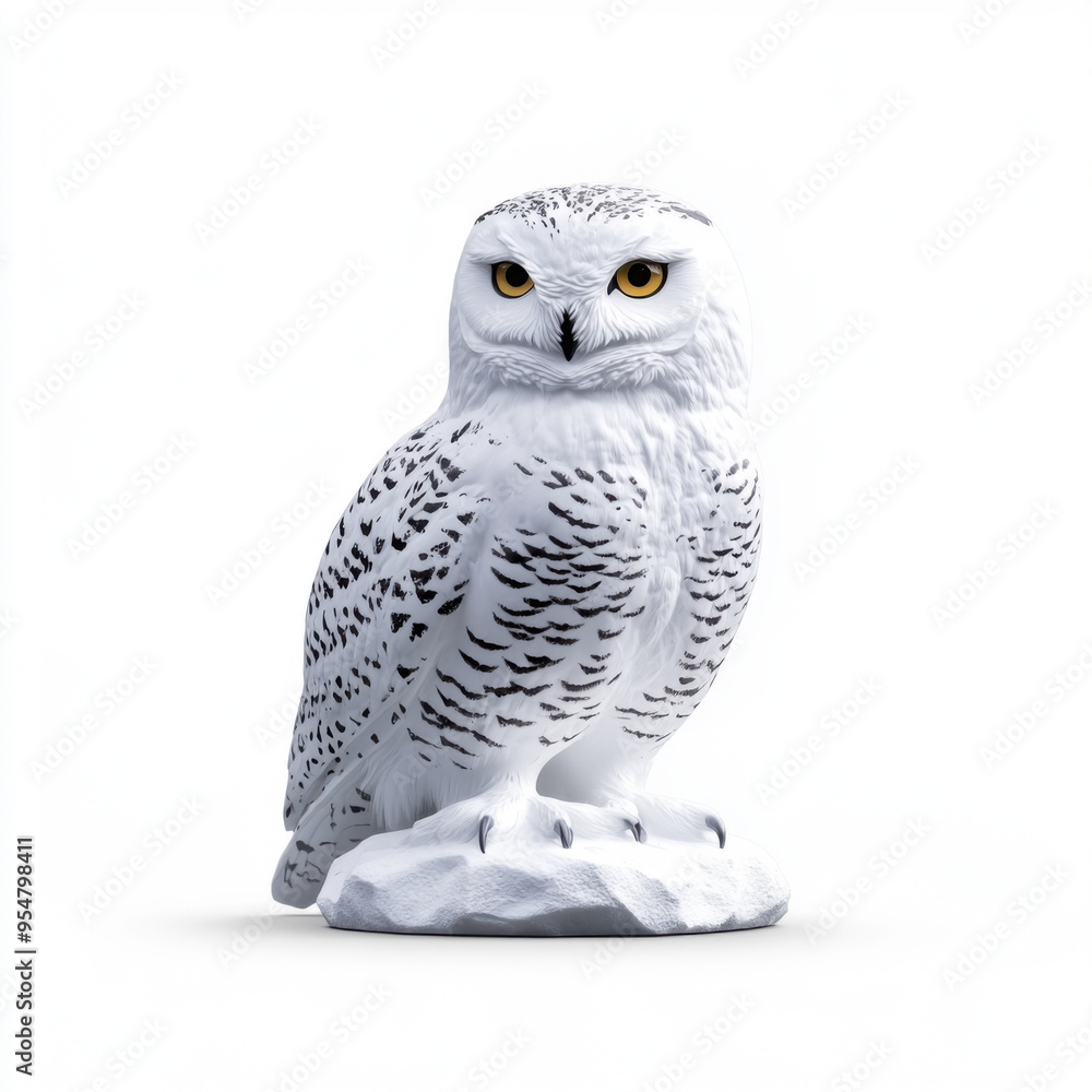 A highly detailed and realistic snowy owl figurine standing on a white background, perfect for decoration or wildlife representation.
