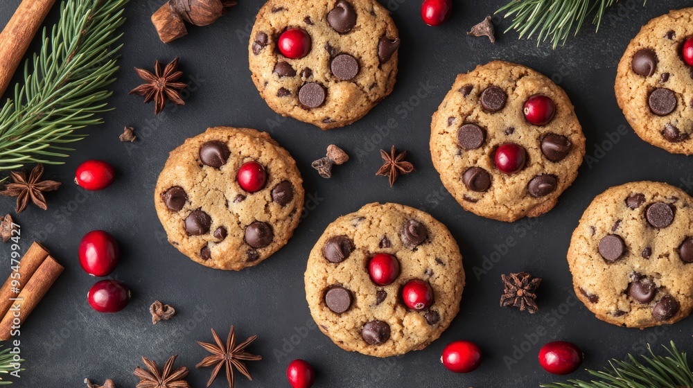 Christmas cookies with cranberries displayed on a black slate board Christmas cookies with cranberries displayed on a black slate board