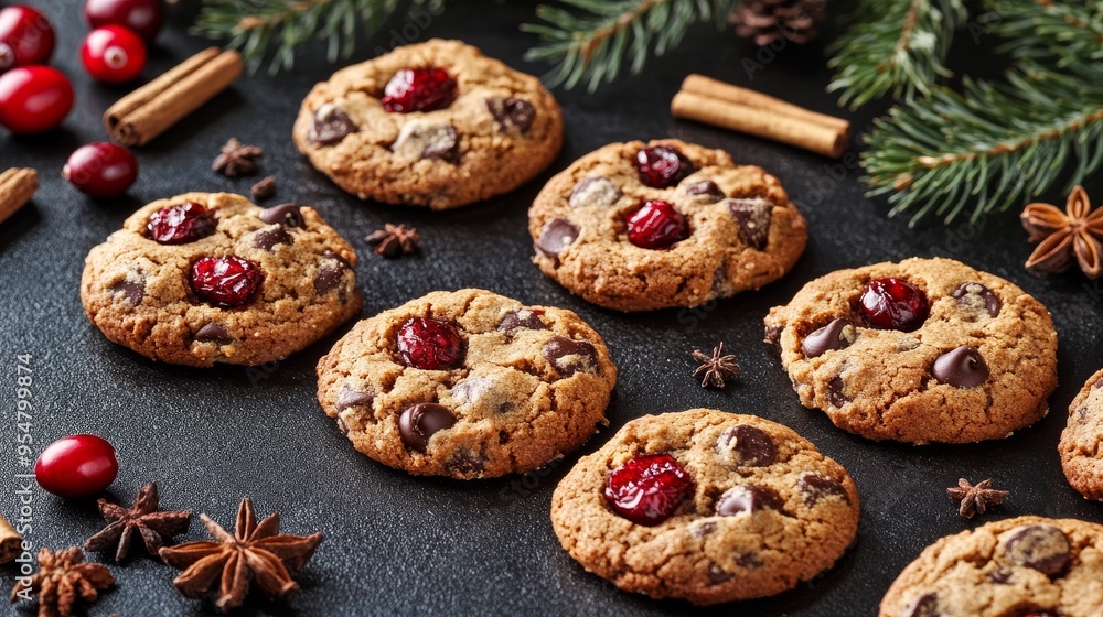 Adding cranberries to holiday cookies on a black slate serving tray Adding cranberries to holiday cookies on a black slate serving tray