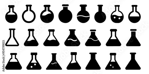 vector set of icons depicting flasks with liquid, potions, alchemical ingredients, chemical experiments.