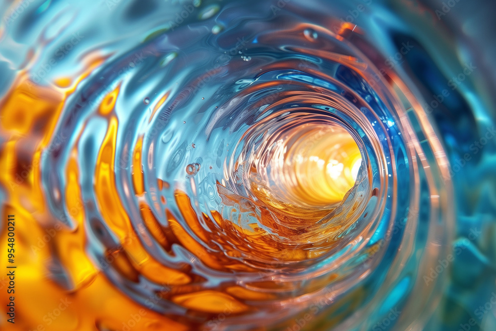 Blue orange and yellow vortex or tunnel formed by liquid.