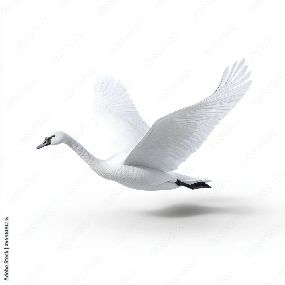 Obraz premium A majestic white swan in mid-flight with wings fully spread, isolated against a clean white background, symbolizing grace and elegance.