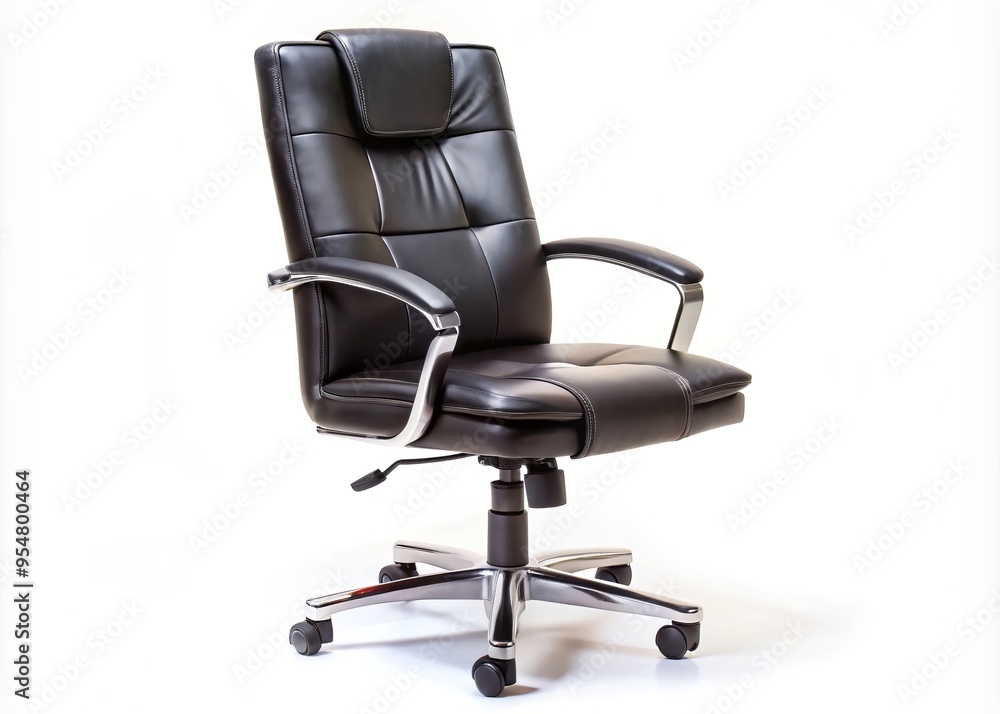 A stylish black leather office chair with armrests and a unique cross-shaped base sits alone on a pure A stylish black leather office chair with armrests and a unique cross-shaped base sits alone on a pure