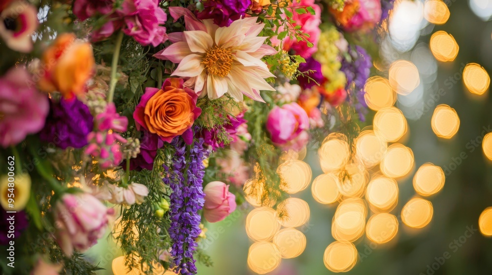 Enchanting Floral Garland Hanging in Soft Light - Festive Decoration with Fresh Blooms for Special Occasions Enchanting Floral Garland Hanging in Soft Light - Festive Decoration with Fresh Blooms for Special Occasions