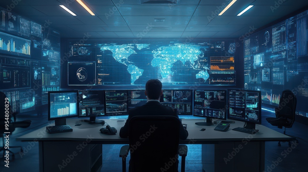 High-Tech Cyber Security Command Center with Global Connectivity High-Tech Cyber Security Command Center with Global Connectivity