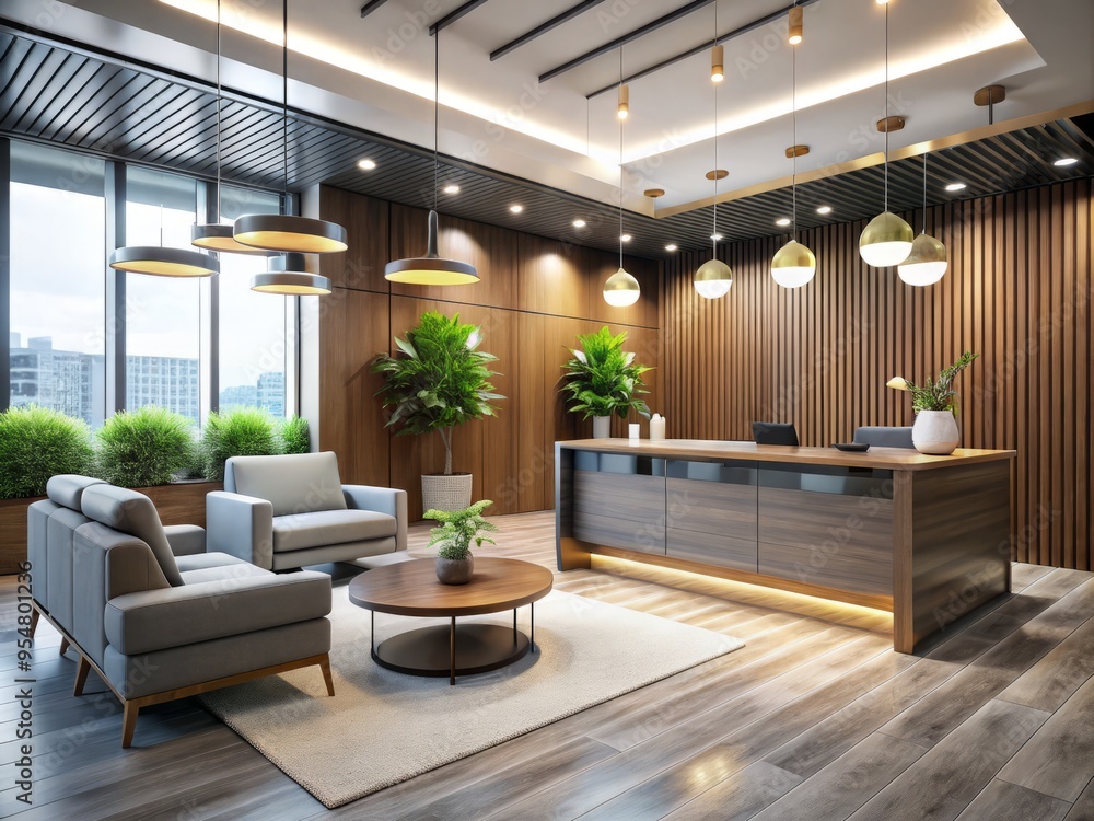 Fototapeta premium A stylish welcome area features elegant seating, a refined desk, and tasteful lighting, providing a relaxing atmosphere