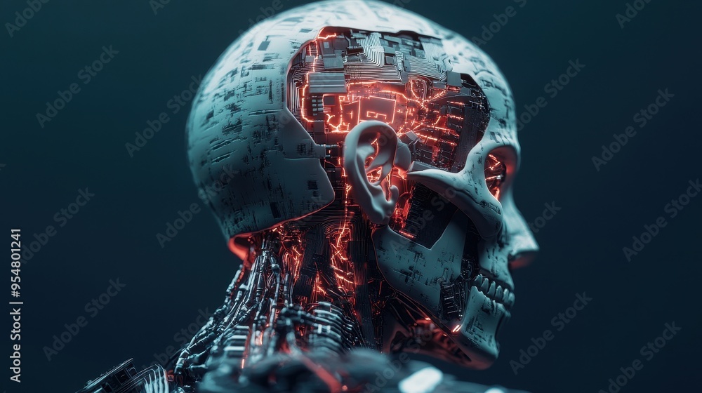 Futuristic Technological Skull Concept with Global Map Futuristic Technological Skull Concept with Global Map