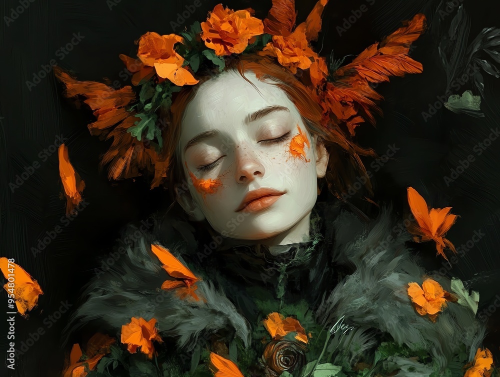 Dreamy Portrait of a Girl with Orange Flowers in Her Hair, Wearing a Dark Coat, Surrounded by Butterflies Dreamy Portrait of a Girl with Orange Flowers in Her Hair, Wearing a Dark Coat, Surrounded by Butterflies