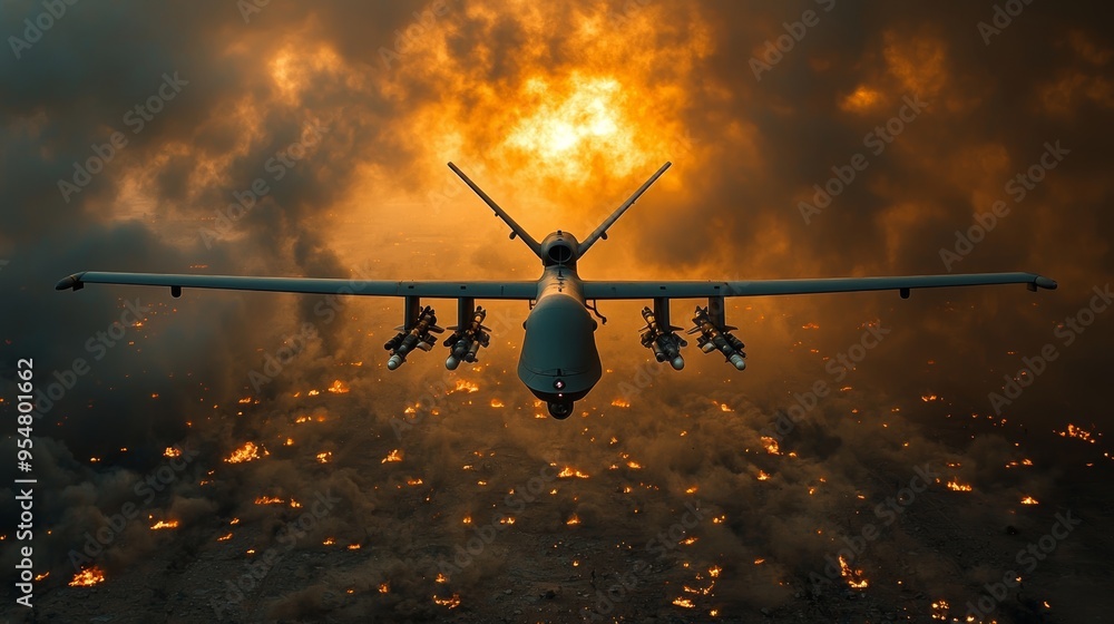 A combat drone equipped with air-to-air missiles flies over the burning ...
