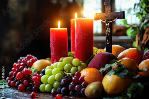 Church thanksgiving fruit decoration and background with candles and cross of Jesus with generative ai