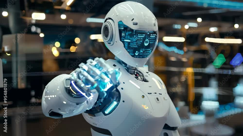 A modern, futuristic robot is extending the hand to the camera. Artificial machine is showing by the finder to you. White humanoid working science