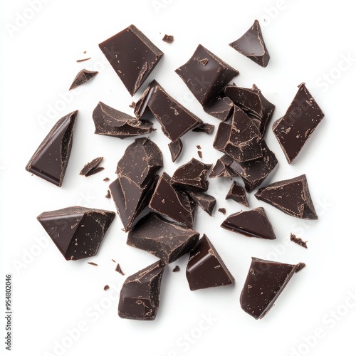 Broken dark chocolate chunks on a white background, perfect for dessert or confectionery concepts. photo