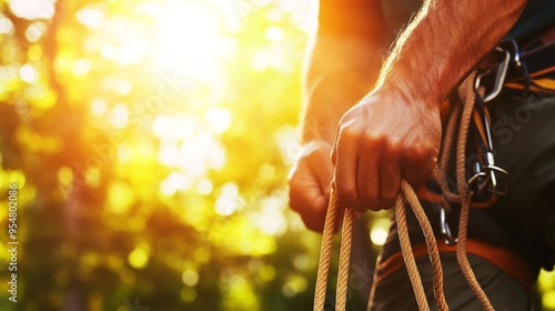 This photograph depicts a climber's hand firmly grasping an orange and black rope, portraying the dedication, strength, and thrill of mountaineering.