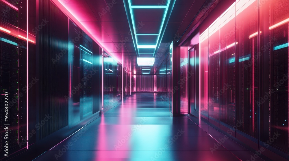 Fototapeta premium Neon-Lit Futuristic Hallway: A Vibrant Technological Landscape