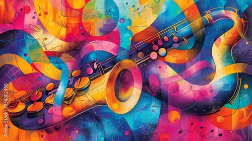 A vibrant illustration of a saxophone intertwining with musical notes. Lively spirit of jazz music