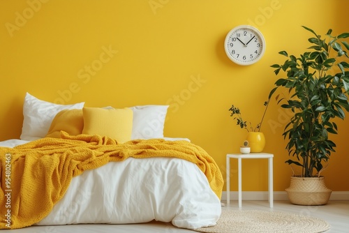 Modern bedroom featuring yellow accents, white furniture, a wall clock, and a potted plant for a fresh look.