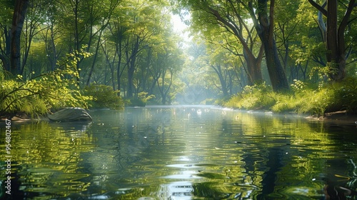 Crystal-clear river meandering through lush banks, peaceful, natural beauty, reflection, scenic. Generative AI.