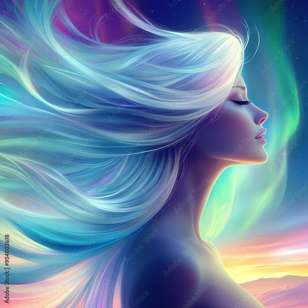 A serene figure gazes peacefully at the northern lights under a starry sky at twilight A serene figure gazes peacefully at the northern lights under a starry sky at twilight