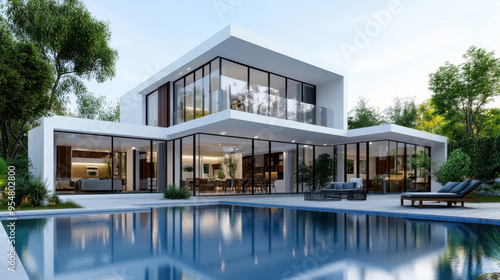 A contemporary luxury villa featuring a large glass facade and a beautiful outdoor pool surrounded by lush greenery.