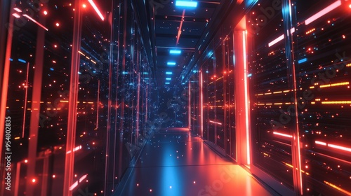 Sci-Fi Futuristic Neon Corridor with Glowing Lights and Reflections photo