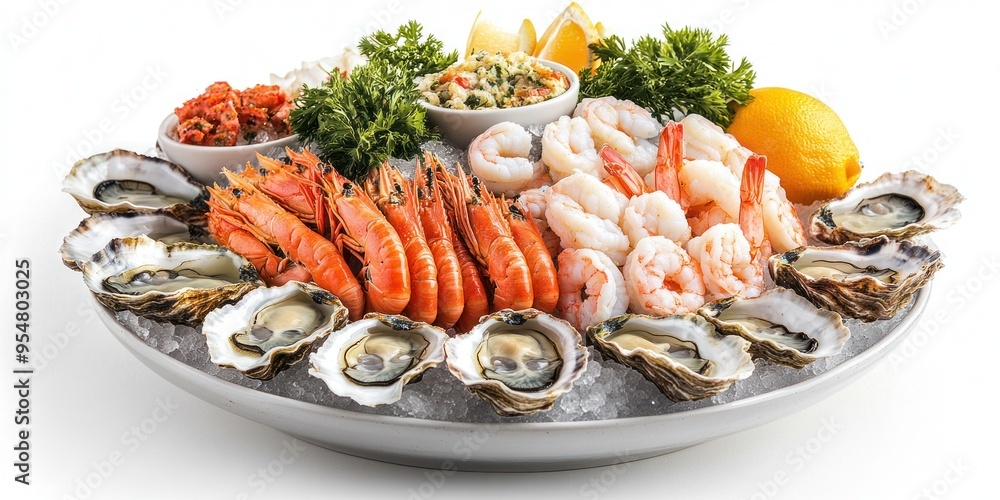 Fresh Oysters, Shrimp, and Lemon on Ice in a Bowl Fresh Oysters, Shrimp, and Lemon on Ice in a Bowl