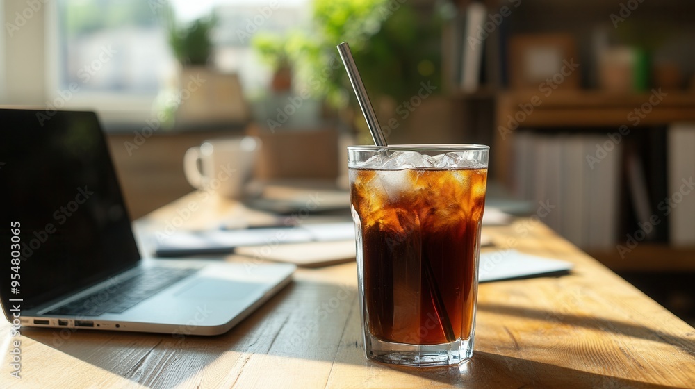 Cold Brew Coffee with Metal Straw on a Modern Office Desk with Laptop and Notebooks - Refreshing Workday Scene. AI generated illustration Cold Brew Coffee with Metal Straw on a Modern Office Desk with Laptop and Notebooks - Refreshing Workday Scene. AI generated illustration