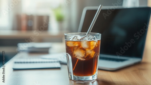 Cold Brew Coffee with Metal Straw on a Modern Office Desk with Laptop and Notebooks - Refreshing Workday Scene. AI generated illustration